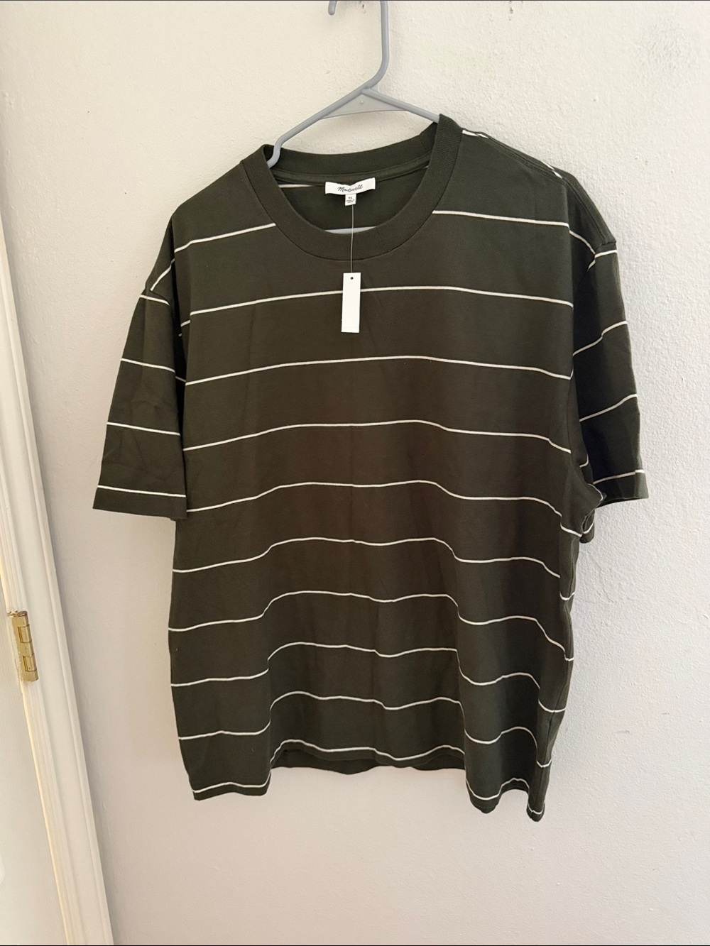 NWT Madewell Olive Green Short-Sleeve Crewneck Tee with White Stripes size XL